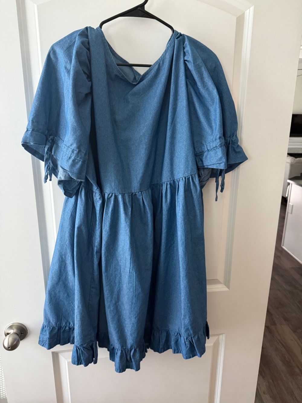 Boohoo Blue Ruffle Hem Chambray Dress